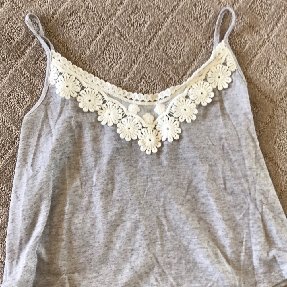 grey tank top with white floral embroidery